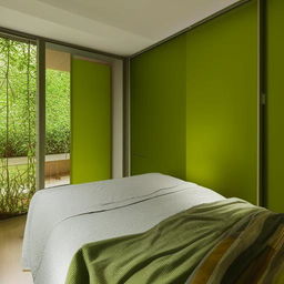 A modern bedroom with a green designer wall, a double bed with a hanging canopy, a wall-attached study table, a window filled with lush greenery, warm yellow lighting, and a wooden sliding wardrobe