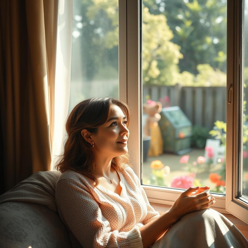 A woman reminiscing about her childhood, fondly thinking about a special boy from her past