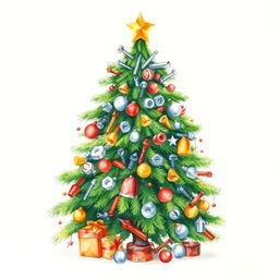 A festive watercolor illustration of a full and lush Christmas tree adorned with industrial supplies including screws, nuts, washers, end mills, drills, and various tools