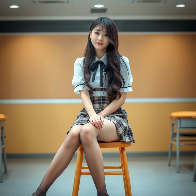 Korean woman approximately 18 years old with long black hair, styled in a trendy fashion, dressed in a detailed schoolgirl outfit consisting of a neatly pressed white blouse and a plaid short skirt