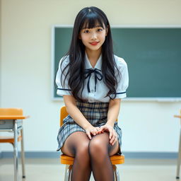 Korean woman approximately 18 years old with long black hair, styled in a trendy fashion, dressed in a detailed schoolgirl outfit consisting of a neatly pressed white blouse and a plaid short skirt