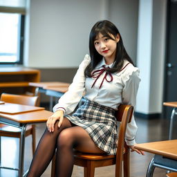 Korean woman approximately 18 years old with long black hair, styled in a trendy fashion, dressed in a detailed schoolgirl outfit consisting of a neatly pressed white blouse and a plaid short skirt