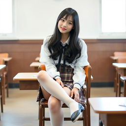 Korean woman approximately 18 years old with long black hair, styled in a trendy fashion, dressed in a detailed schoolgirl outfit consisting of a neatly pressed white blouse and a plaid short skirt