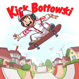 Dynamic and adventurous illustration of Kick Buttowski, the fearless suburban daredevil, in mid-air executing a thrilling stunt on his skateboard