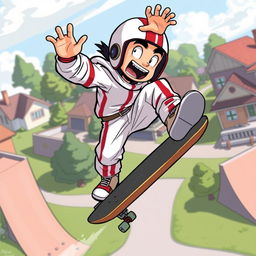 Dynamic and adventurous illustration of Kick Buttowski, the fearless suburban daredevil, in mid-air executing a thrilling stunt on his skateboard