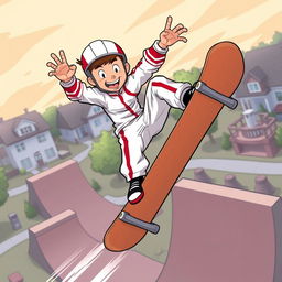 Dynamic and adventurous illustration of Kick Buttowski, the fearless suburban daredevil, in mid-air executing a thrilling stunt on his skateboard