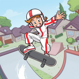 Dynamic and adventurous illustration of Kick Buttowski, the fearless suburban daredevil, in mid-air executing a thrilling stunt on his skateboard