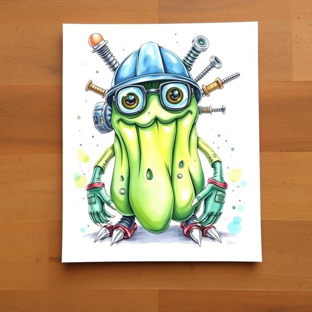 A uniquely imagined slime monster, creatively crafted from industrial supplies such as screws, various tools, and security elements like a helmet, glasses, and gloves