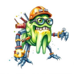 A uniquely imagined slime monster, creatively crafted from industrial supplies such as screws, various tools, and security elements like a helmet, glasses, and gloves