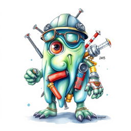 A uniquely imagined slime monster, creatively crafted from industrial supplies such as screws, various tools, and security elements like a helmet, glasses, and gloves