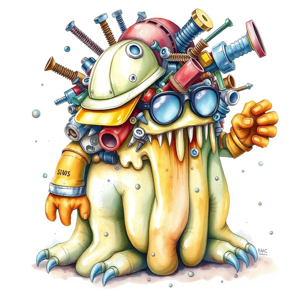 A creatively imagined slime monster composed from a pile of industrial supplies, including screws, various tools, and security elements like a helmet, glasses, and gloves