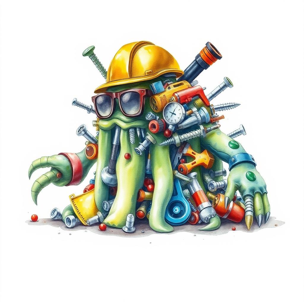 A creatively imagined slime monster composed from a pile of industrial supplies, including screws, various tools, and security elements like a helmet, glasses, and gloves