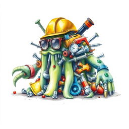 A creatively imagined slime monster composed from a pile of industrial supplies, including screws, various tools, and security elements like a helmet, glasses, and gloves