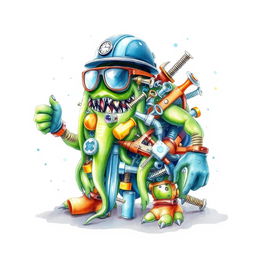 A creatively imagined slime monster composed from a pile of industrial supplies, including screws, various tools, and security elements like a helmet, glasses, and gloves