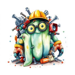 A creatively imagined slime monster composed from a pile of industrial supplies, including screws, various tools, and security elements like a helmet, glasses, and gloves