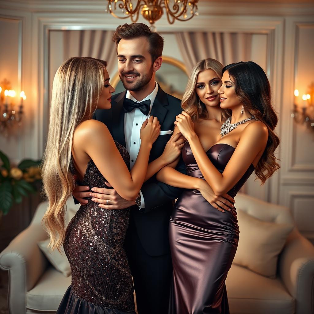 In a lavish home ambiance, two sexy couples are engaged in a romantic double date, filled with glamour and growing passion