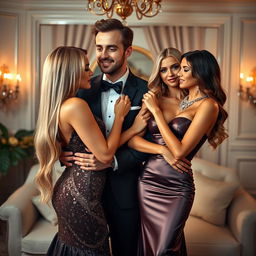 In a lavish home ambiance, two sexy couples are engaged in a romantic double date, filled with glamour and growing passion