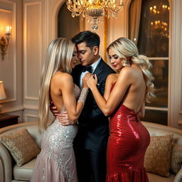 In a lavish home ambiance, two sexy couples are engaged in a romantic double date, filled with glamour and growing passion