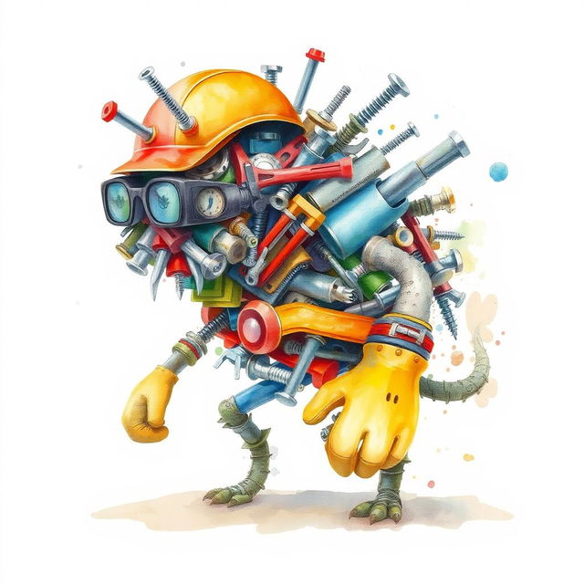 A creatively conceptualized monster made from a pile of industrial supplies, including screws, various tools, and safety elements like a helmet, glasses, and gloves