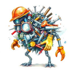 A creatively conceptualized monster made from a pile of industrial supplies, including screws, various tools, and safety elements like a helmet, glasses, and gloves