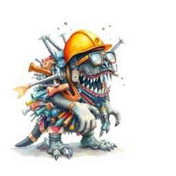 A creatively conceptualized monster made from a pile of industrial supplies, including screws, various tools, and safety elements like a helmet, glasses, and gloves