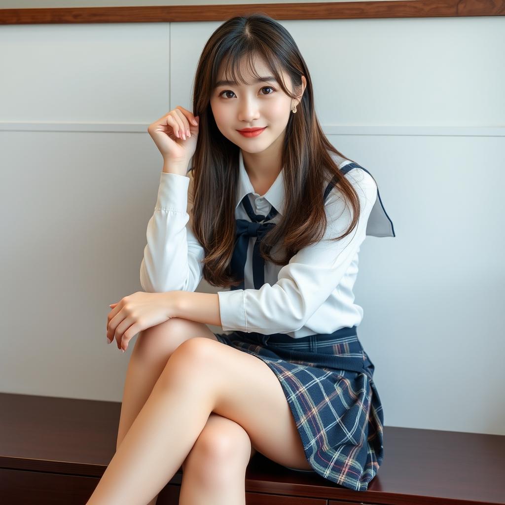 Korean woman approximately 18 years old dressed in a cute schoolgirl outfit with a short plaid skirt and knee-high loose stockings, sitting playfully with her legs straddling, complementing her youthful look with an innocent and fun vibe, blushing slightly, with a focus on her fashion and elegance without revealing any nudity