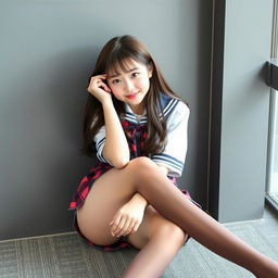 Korean woman approximately 18 years old dressed in a cute schoolgirl outfit with a short plaid skirt and knee-high loose stockings, sitting playfully with her legs straddling, complementing her youthful look with an innocent and fun vibe, blushing slightly, with a focus on her fashion and elegance without revealing any nudity