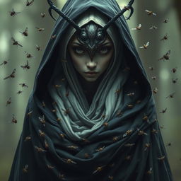 A female thi-kreen stands cloaked and hooded, exuding an enigmatic aura