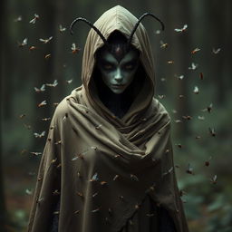 A female thi-kreen stands cloaked and hooded, exuding an enigmatic aura