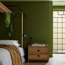 A modern bedroom with a green designer wall, a double bed with a hanging canopy, a wall-attached study table, a window filled with lush greenery, warm yellow lighting, and a wooden sliding wardrobe