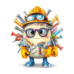 A charming and cute monster whimsically constructed from a pile of industrial supplies, including screws, various tools, and safety elements like a helmet, glasses, and gloves