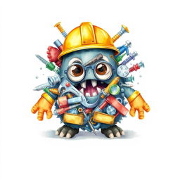 A charming and cute monster whimsically constructed from a pile of industrial supplies, including screws, various tools, and safety elements like a helmet, glasses, and gloves