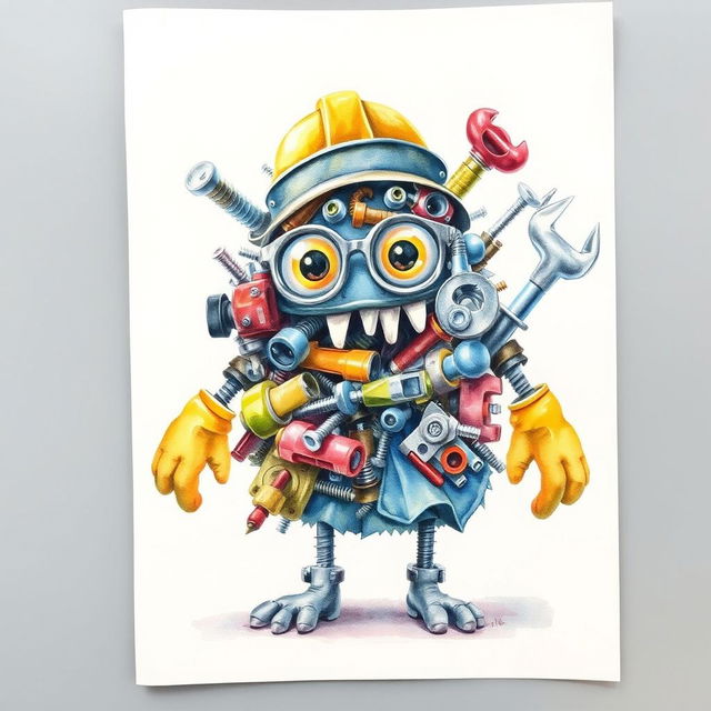 A charming and cute monster whimsically constructed from a pile of industrial supplies, including screws, various tools, and safety elements like a helmet, glasses, and gloves