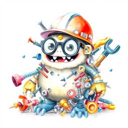 A charming and cute monster whimsically constructed from a pile of industrial supplies, including screws, various tools, and safety elements like a helmet, glasses, and gloves