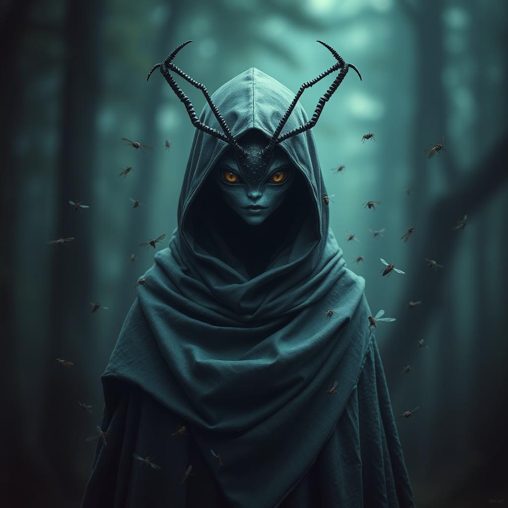 A female thi-kreen stands shrouded in a cloak and hood, her insectoid features mostly obscured by shadows