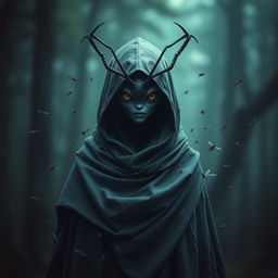 A female thi-kreen stands shrouded in a cloak and hood, her insectoid features mostly obscured by shadows