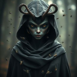 A female thi-kreen stands shrouded in a cloak and hood, her insectoid features mostly obscured by shadows