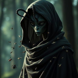 A female thi-kreen stands shrouded in a cloak and hood, her insectoid features mostly obscured by shadows