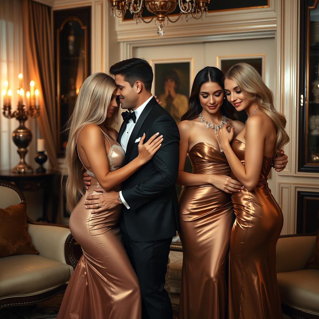 Within a opulently furnished home, two sexy couples are in the midst of a romantic double date, filled with glamour and smoldering passion