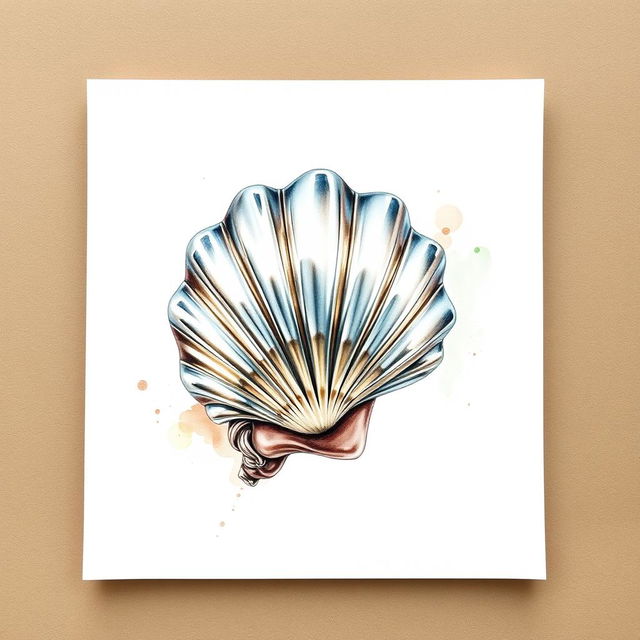 A beautifully crafted Santiago's shell, meticulously made of metal, depicted in a watercolor illustration over a blank canvas