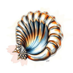 A beautifully crafted Santiago's shell, meticulously made of metal, depicted in a watercolor illustration over a blank canvas