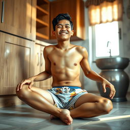 19-year-old Indonesian boy with an athletic build, wearing swimming trunks, sitting on the floor with his legs spread while leaning against the kitchen cupboard