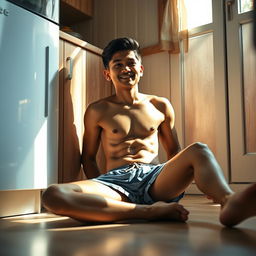 19-year-old Indonesian boy with an athletic build, wearing swimming trunks, sitting on the floor with his legs spread while leaning against the kitchen cupboard