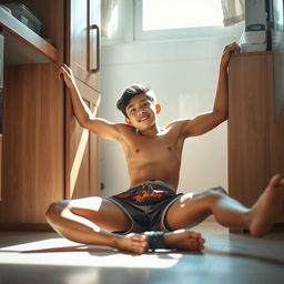 19-year-old Indonesian boy with an athletic build, wearing swimming trunks, sitting on the floor with his legs spread while leaning against the kitchen cupboard