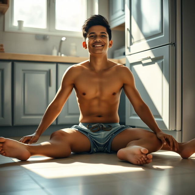 19-year-old Indonesian boy with an athletic build, wearing swimming trunks, sitting on the floor with his legs spread while leaning against the kitchen cupboard