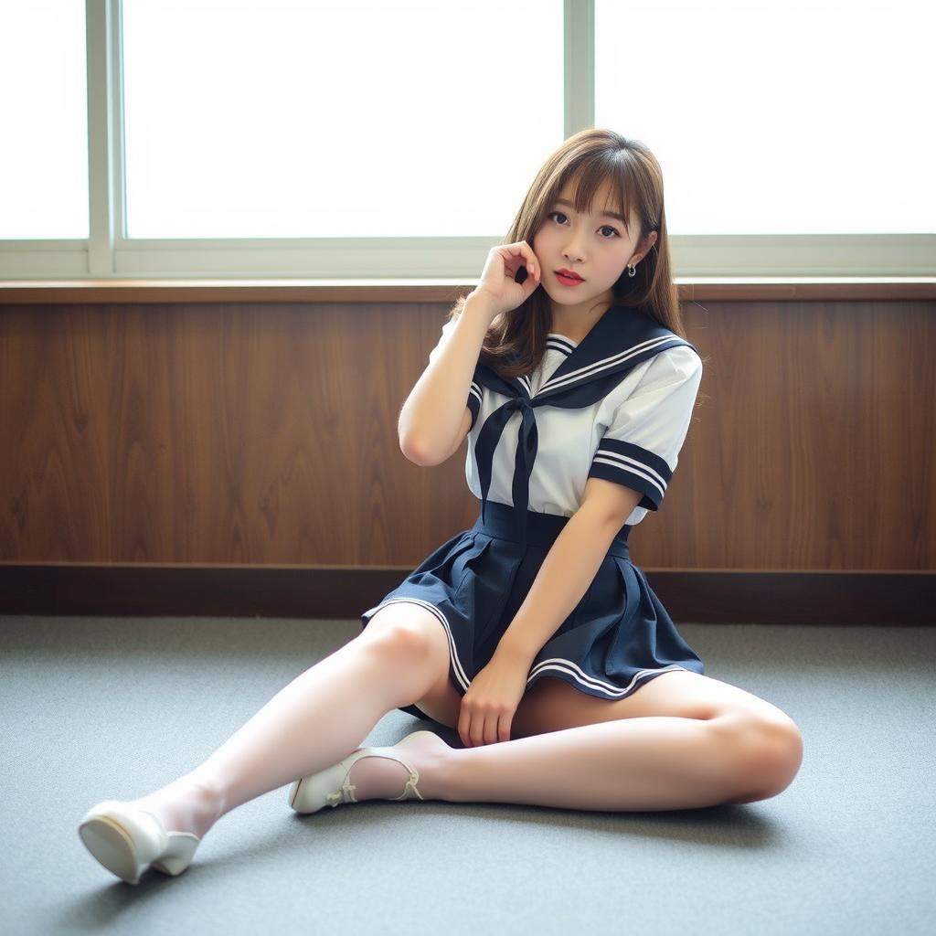 A young Korean woman, around 18 years of age, dressed in a schoolgirl outfit consisting of a short skirt and long loose stockings