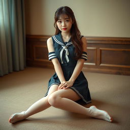 A young Korean woman, around 18 years of age, dressed in a schoolgirl outfit consisting of a short skirt and long loose stockings