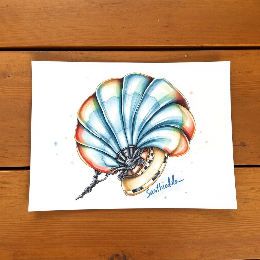 A beautifully intricate Santiago's shell made of mechanized steel, captured in a watercolor illustration over a blank canvas