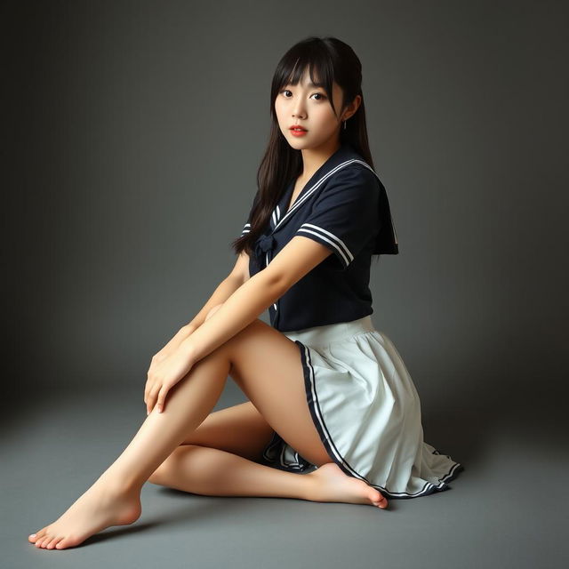 A young Korean woman, around 18 years of age, dressed in a schoolgirl outfit consisting of a short skirt and long loose stockings