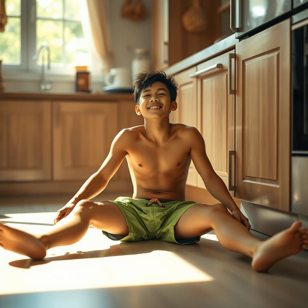 19-year-old Indonesian boy with an athletic build, wearing swimming trunks, sitting on the floor with his legs spread while leaning against the kitchen cupboard